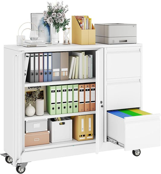 pozdeg Lockable Lateral File Cabinet with Gooseneck Handle, 3 Drawer Mobile Rolling File Cabinet with Wheels, Anti-Rust Sturdy Steel Cabinet for Home Office Workspace Organization (White)