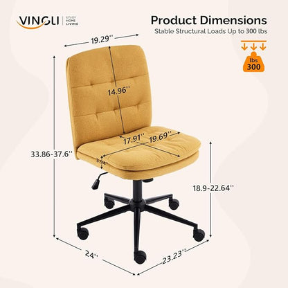 VINGLI Mid Back Armless Office Desk Chair with Wheels/no Wheels,360°Rocking Swivel Vanity Chair with Thickened Cushion,Adjustable Height Rolling for Reading Room, Make up, Linen Ginger Yellow