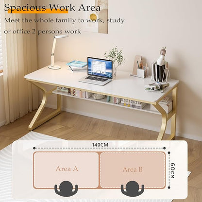 OSCHF Double Long Desk with Bookshelf - 55" Extra Long Writing Table for 2-Person Workstation, Modern Study Work Computer Desk for Home and Office, Gold