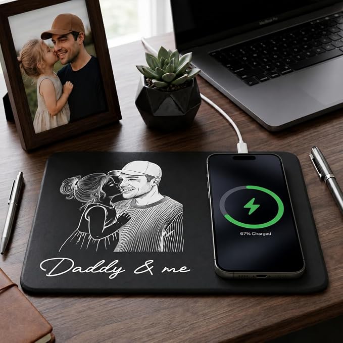 Dad Sketch Line Art Custom Photo Father's Day Birthday Gift for Dad, Husband - Personalized Charging Pad, Office Photo Charger Mat Gift for Husband, Personalized Dad Sketch Line Art Charging Pad