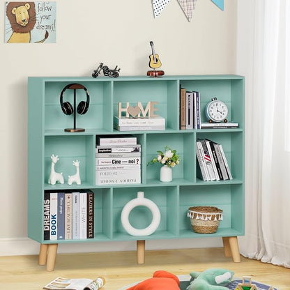 LEYAOYAO 10 Cube Bookshelf,3 Tier Modern Wide Bookcase with Legs,Mid-Century Wood Bookshelves Storage,Mint-Green Large Book Case,Freestanding Organizer Display Shelf for Bedroom,Living Room,Office