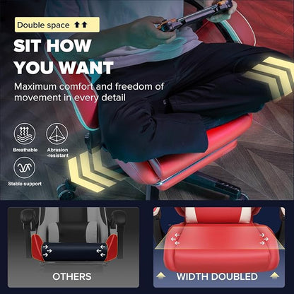 GTPLAYER Gaming Chair, Computer Office Chair Lumbar Support, Linkage Armrests and Footrest, Ergonomic Game Chair for Adults with Extended Backrest, Faux Leather, Red