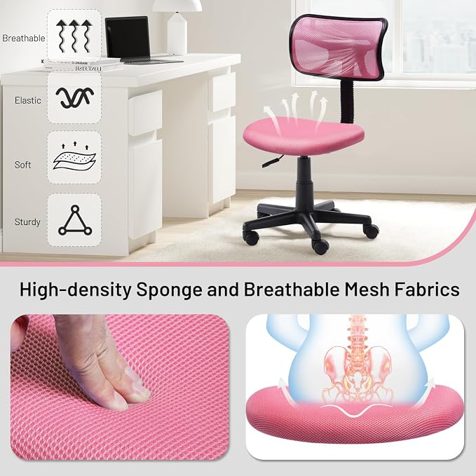 Small Mesh Desk Chair, Armless Low-Back Student Study Task Chair Ergonomic Sylish Swivel Adjustable Rolling Seating for Small Spaces Home Office Bedroom Study, Pink