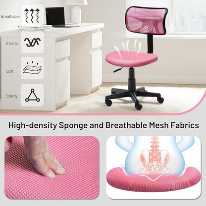 Small Mesh Desk Chair, Armless Low-Back Student Study Task Chair Ergonomic Sylish Swivel Adjustable Rolling Seating for Small Spaces Home Office Bedroom Study, Pink
