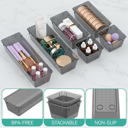 WOWBOX 9 Pack Clear Drawer Organizer Set, Acrylic Drawer Storage Trays, Storage Bins for Makeup, Cosmetics, Jewelries, Utensils, Gadgets, Office, Black