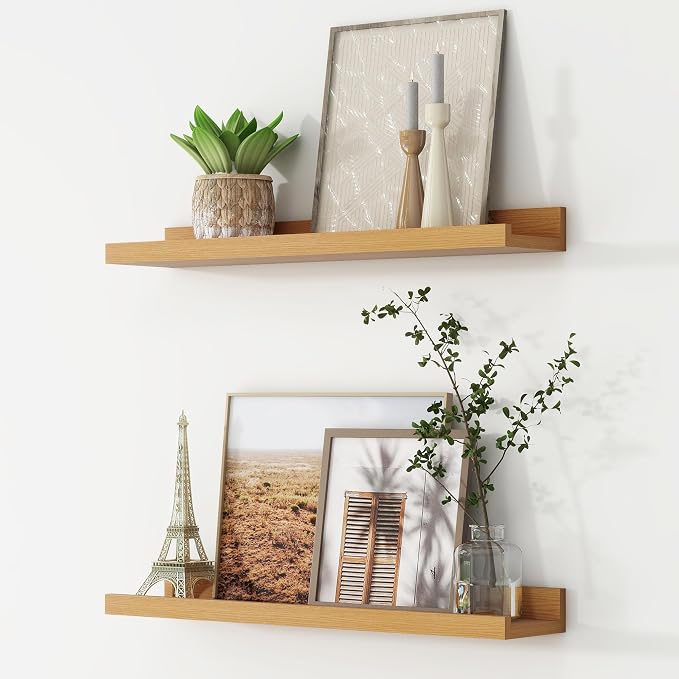 FLYJOE Picture Ledge Shelf, Floating Shelves Set of 2, 24 Inches Nursery Book Shelves for Toys Storage, Kids Bookshelf Wall Mounted for Living Room Bedroom Decor Books Photo Frames, Natural Oak