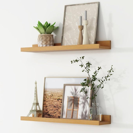 FLYJOE Picture Ledge Shelf, Floating Shelves Set of 2, 24 Inches Nursery Book Shelves for Toys Storage, Kids Bookshelf Wall Mounted for Living Room Bedroom Decor Books Photo Frames, Natural Oak