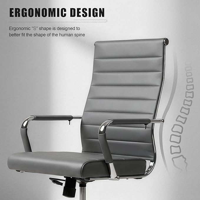 Okeysen Grey Office Desk Chair, Ergonomic Leather Modern Conference Room Chairs, Executive Ribbed Height Adjustable Swivel Rolling Chair for Home Office.