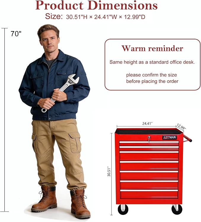 RYH 7 Drawers Rolling Tool Chest & Tool Box on Wheels | Heavy Duty Metal Cart with Ball Bearing Drawers | Fits US General Tool Box for Garage Storage (Red, 7 Drawers（29.6" H × 24.4" W × 13" D)