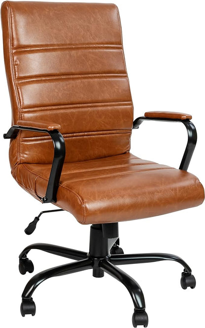 EMMA + OLIVER Faux Leather High-Back Swivel Home Office Desk Chair with Wheels, Padded Seat, and Armrests, Adjustable Height Multipurpose Office Chair, Brown/Black
