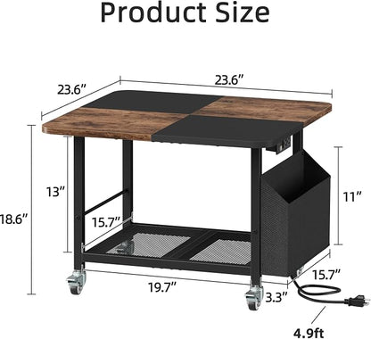YAOHUOO 23.6"×23.6" Large Printer Stand with Power Outlet, Printer Table with Storage Side Pocket, Heavy Duty Rolling Cart for Home Office 3D Printer/Laser/Heat Press Table, Rustic Brown