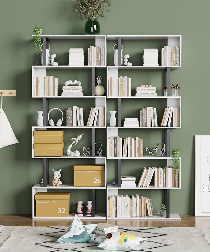 Gadroad 6 Tier Geometric Bookcase,S Shaped Bookshelf, Wood Decorative Storage Shelving, Modern Freestanding Display Shelves, Tall Book Shelf Unit for Living Room Bedroom, White
