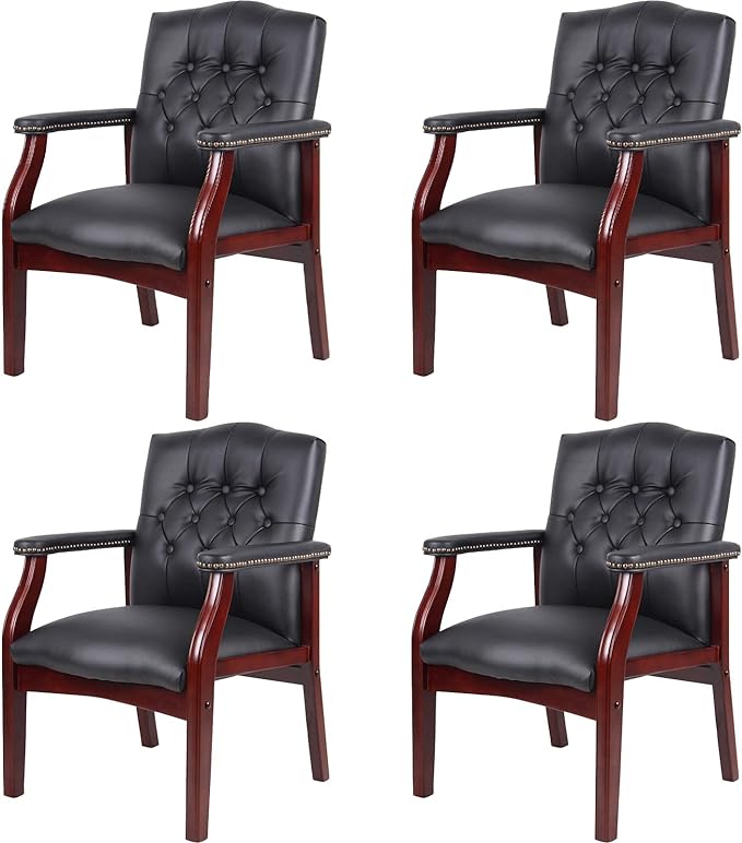 Black Leather Office Chairs Set of 4 -High Back Ergonomic Executive Guest Chairs for Reception, Multi-Scene Use (Waiting Room, Meeting, Conference, Lobby, Conference, Church) No Wheels with Arm Design