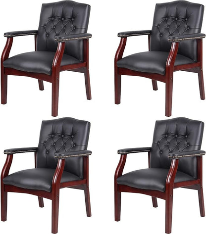 Black Leather Office Chairs Set of 4 -High Back Ergonomic Executive Guest Chairs for Reception, Multi-Scene Use (Waiting Room, Meeting, Conference, Lobby, Conference, Church) No Wheels with Arm Design
