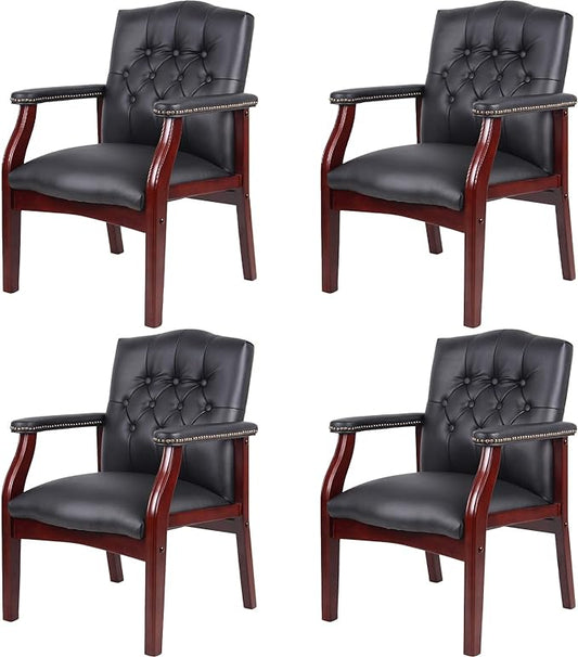 Black Leather Office Chairs Set of 4 -High Back Ergonomic Executive Guest Chairs for Reception, Multi-Scene Use (Waiting Room, Meeting, Conference, Lobby, Conference, Church) No Wheels with Arm Design