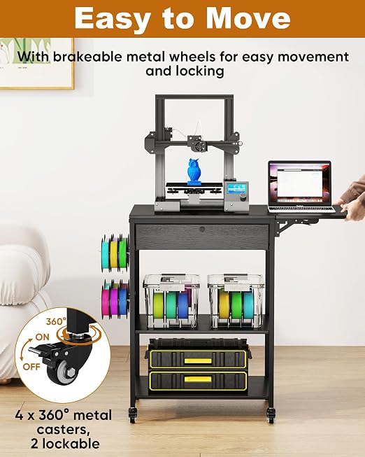 Baoz 3D Printer Stand with 40pcs Filament Storage,4 Tier 3D Printer Table Printer Stand with Wheels, Heavy Duty Filament Storage Rack with Drawers and Spool Hooks for Studio, Home Office