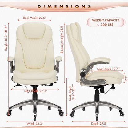 COLAMY Ergonomic High Back Office Chair, Ivory Bonded Leather Executive Desk Chair with Flip-up Arms, Thick Cushion, Silent Nylon Wheels, Adjustable Height & Rocking Function, 300lbs Capacity