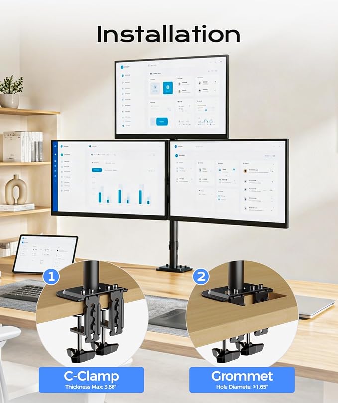 Pholiten Triple Monitor Mount, 3 Gas Spring Monitor Arms for Up to 32 inches Screens, Fully Adjustable Heavy Duty Triple Monitor Mount with Cable Management, Each Arm Holds 22 lbs