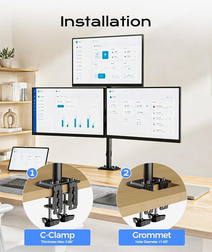 Pholiten Triple Monitor Mount, 3 Gas Spring Monitor Arms for Up to 32 inches Screens, Fully Adjustable Heavy Duty Triple Monitor Mount with Cable Management, Each Arm Holds 22 lbs