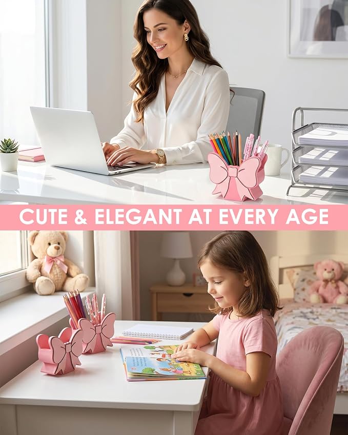 2-Pack Cute Pink Bow Pen Holder, Pink Bow Desk Accessories Set, Wooden Desk Organizer & Decorations for Office and School Supplies, Aesthetic Decor Gift for Women Girls
