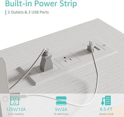 Lufeiya White Computer Desk with Power Outlet, 40 inch Simple Teen Study Table Home Office Work Writing Desks with Charging Station Outlets USB Port Built in, Storage Pocket，White