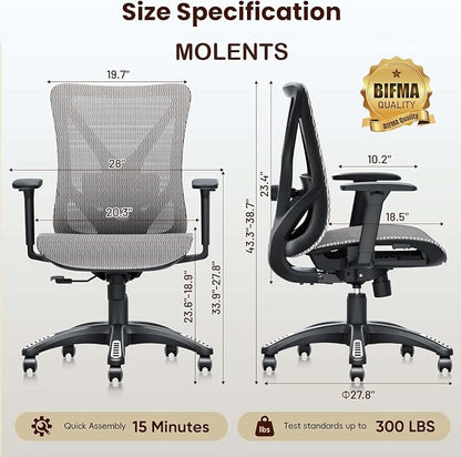 Ergonomic Office Chair, Mesh Computer Desk Chairs with Adjustable Lumbar Support, 3D Armrest, Tilt Function, Comfy Wide Seat, Executive Work Task Chair for Company & Home, Gaming Chair (Grey)