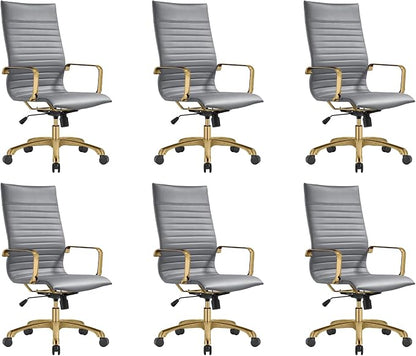 LeisureMod Harris High-Back Task Office Chair - Modern Leather Upholstery with Gold Frame, Ribbed Design 360 Degree Adjustable Swivel for Home, Office, and Study Room