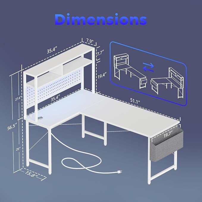 Mericonia 51 inch Large L Shaped Desk with Pegboard Hutch & Shelves, Corner Gaming Desk with Power Outlet, LED Light & Storage Bag, Reversible Computer Desk for Home, Bedroom, Office Workspace, White