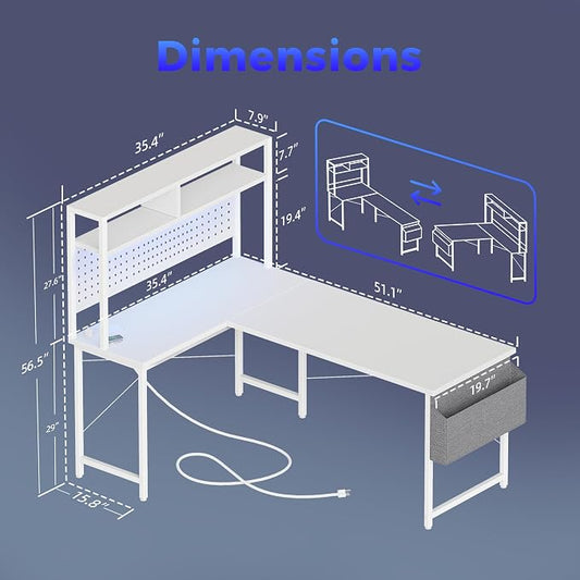 Mericonia 51 inch Large L Shaped Desk with Pegboard Hutch & Shelves, Corner Gaming Desk with Power Outlet, LED Light & Storage Bag, Reversible Computer Desk for Home, Bedroom, Office Workspace, White