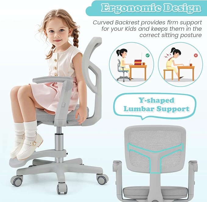 Giantex Kids Desk Chair, Ergonomic Adjustable Student Rolling Chair with Footrest & Flip-up Armrest, Mesh Children Office Chair with Universal Wheels, Kids Computer Chair for Boys & Girls, Grey
