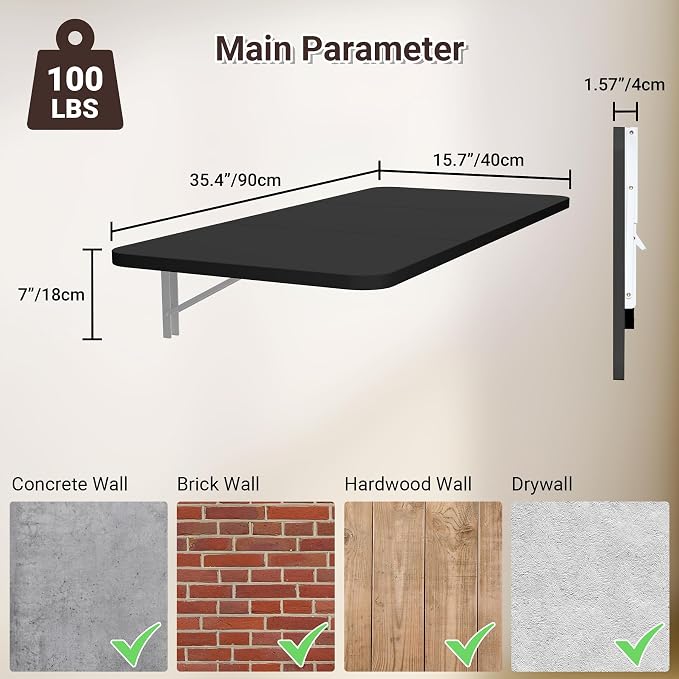 Neoaider Wall Mounted Folding Desk 35.4” x 15.7”, Drop Down Table with Metal Collapsible Brackets, Folding Wall Table for Small Spaces, Home, Office, Kitchen, Laundry Room-Black