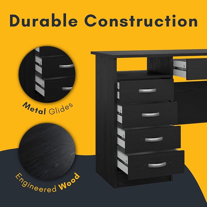 Furnifact Black Home Office Desk with 5 Drawers and Open Shelf, Lockable Storage Computer Desk and Study Table Ideal for Work from Home Setup