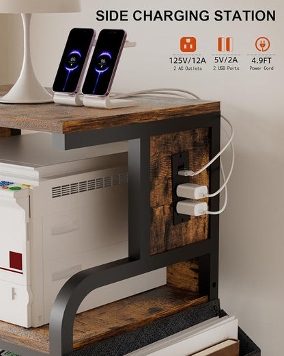Tall Printer Stand with Storage Adjustable Shelf and Bag, 4-Tier Large Printer Table with Charging Station for Home Office, Printers Cart with Wheels for 3D Shredder Scanner Fax (Retro Brown)