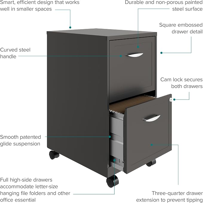 Space Solutions - 2 Drawer Fully Assembled Vertical Steel File Cabinet, Home & Small Office Use, Fits Under Most Desks, Letter-Size, Lock, Mobile, Metallic Charcoal