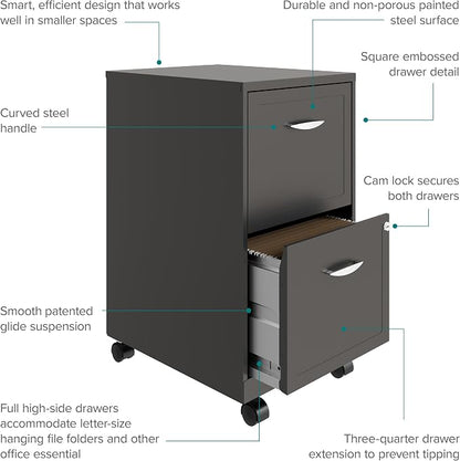 Space Solutions - 2 Drawer Fully Assembled Vertical Steel File Cabinet, Home & Small Office Use, Fits Under Most Desks, Letter-Size, Lock, Mobile, Metallic Charcoal