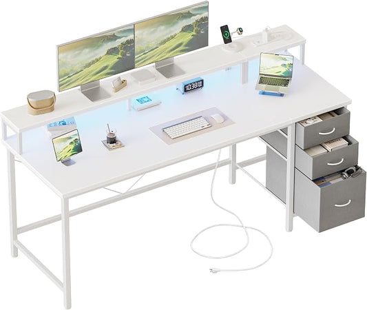 Mericonia 63 inch Computer Desk with Storage Drawers & Monitor Stand, Reversible Gaming Desk with LED Lights & Power Outlets, Large Gaming Table for Home Office