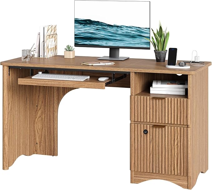 Bestier 55 Inch Wood Computer Desk with Fingerprint Lockable Drawers and Keyboard Tray,Modern Home Office Desk with File Drawer & Charging Station, Oak Wooden Desk for Work, Brown