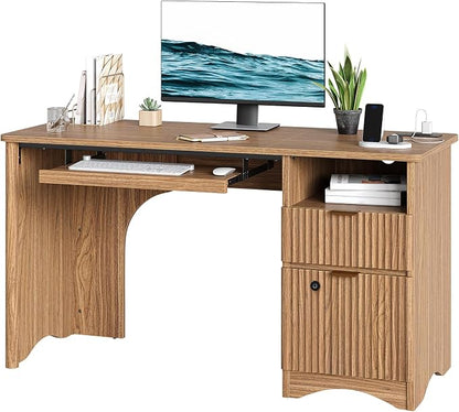 Bestier 55 Inch Wood Computer Desk with Fingerprint Lockable Drawers and Keyboard Tray,Modern Home Office Desk with File Drawer & Charging Station, Oak Wooden Desk for Work, Brown