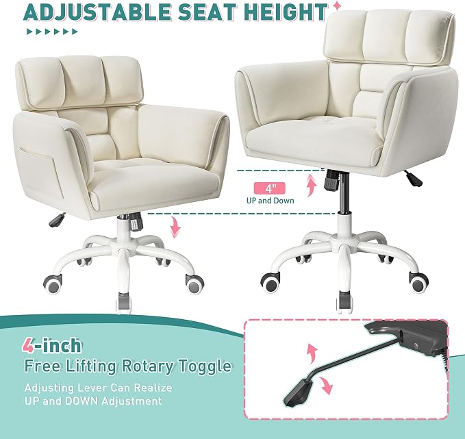 DurayLoly Vanity Chair with Wheels & Soft Velvet Fabric, Desk Chair Comfy with Back, Upholstered Home Office Chair with Side Pockets for Bedroom, Office, Make-up Room, Height Adjustable, Beige