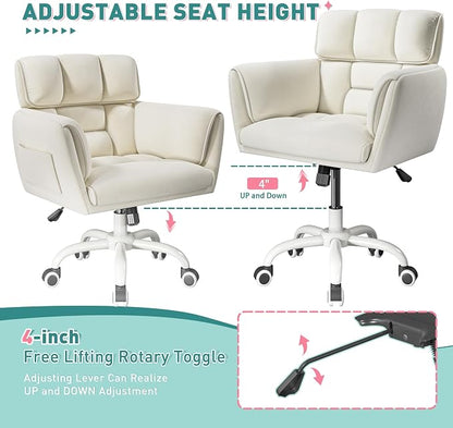 DurayLoly Vanity Chair with Wheels & Soft Velvet Fabric, Desk Chair Comfy with Back, Upholstered Home Office Chair with Side Pockets for Bedroom, Office, Make-up Room, Height Adjustable, Beige