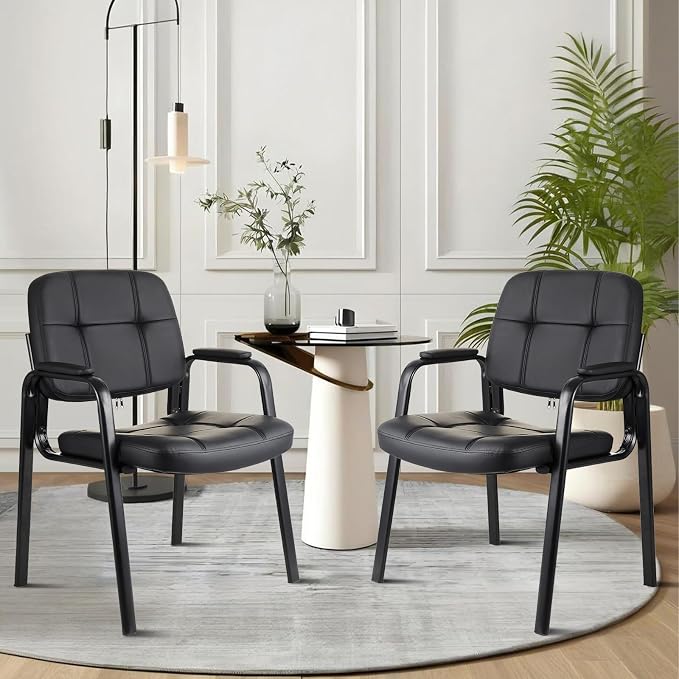 CLATINA Waiting Room Chairs with Padded Arms Leather Guest Chair no Wheels for Office Reception and Conference Desk with Sled Base Black, 8PK