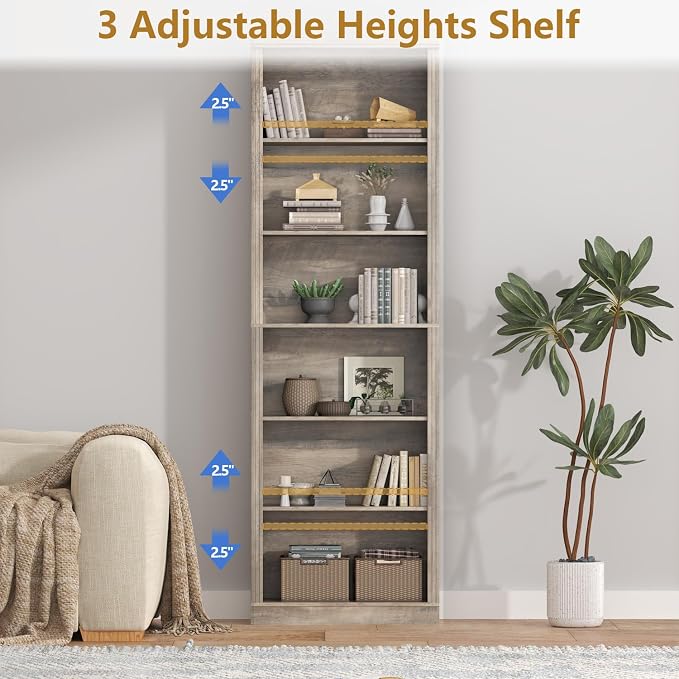 Thacuok Grey Bookshelf, 75" Tall Bookcase, 6 Tier Adjustable Storage Shelves, Book Shelf with Anti-Tipping Device, Floor Standing Modern Display Rack for Living Room, Bedroom, Office
