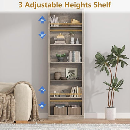 Thacuok Grey Bookshelf, 75" Tall Bookcase, 6 Tier Adjustable Storage Shelves, Book Shelf with Anti-Tipping Device, Floor Standing Modern Display Rack for Living Room, Bedroom, Office