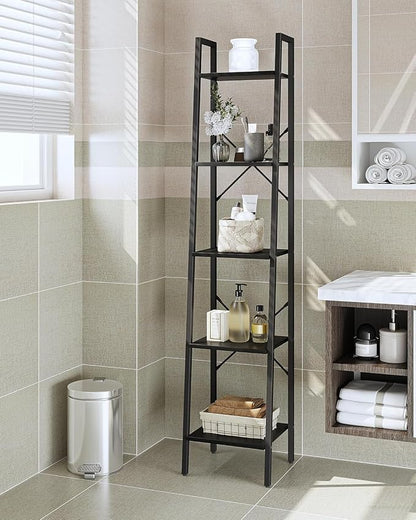 Hzuaneri Ladder Shelf, Bookshelf Bookcase, Freestanding Corner Storage Shelve with 2 Hooks for Home Office, Living Room, Kitchen, Bedroom, Industrial, 11.8" D x 13.4" W x 63" H, Black BC03204B