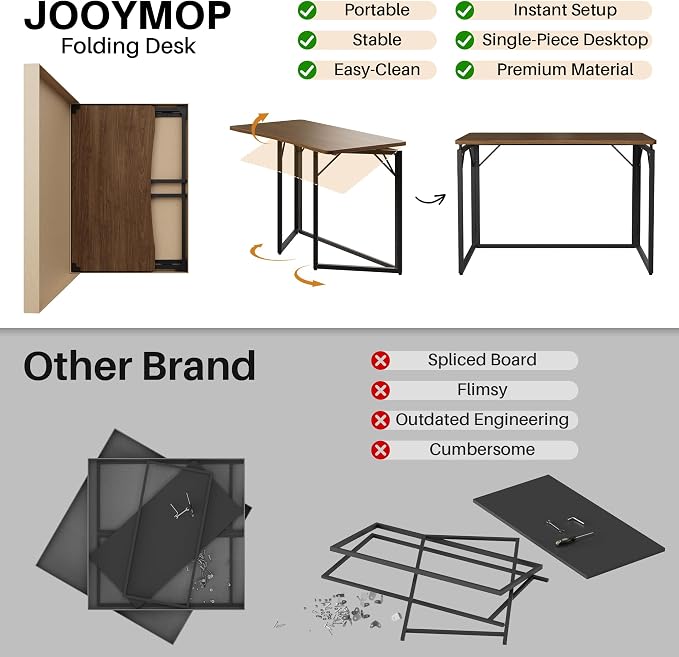 JOYMOOP 31.5" Folding Desk - Brown, No Assembly Small Foldable Desk for Home, Office, Wooden Top Folding Computer Desk for Working, Writing, Studying