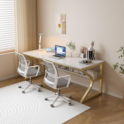 OSCHF Extra Long Desk with Bookshelf - 63" Double Long Writing Table for 2-Person Workstation, Modern Study Work Computer Desk for Home and Office, Gold