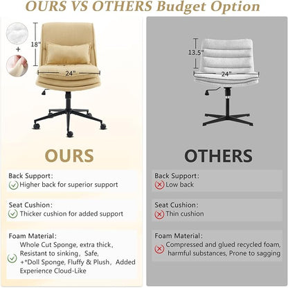 VINGLI Cloud Criss Cross Legged Chair,18" High Back Armless Home Office Desk Chair with Wheels,Wide Adjustable Comfy Padded Seat Task Computer Chair,Modern Swivel Makeup Vanity Chair,Fabric,Yellow