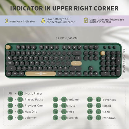 Wireless Keyboard and Mouse Combo Cute Colorful Keyboard and Mouse, Retro Typewriter Keyboard with 2.4GHz Plug & Play, for Windows 11/10/7, Laptop, PC (Dark Green)