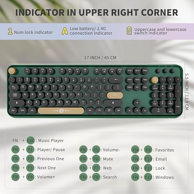 FD Wireless Keyboard and Mouse | Cute Colorful Keyboard and Mouse with 2.4GHz Cordless Retro Typewriter Keyboard | Auto-Sleep | USB Receiver for Windows PC/Laptop - Green Colorful