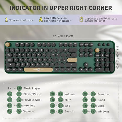 FD Wireless Keyboard and Mouse | Cute Colorful Keyboard and Mouse with 2.4GHz Cordless Retro Typewriter Keyboard | Auto-Sleep | USB Receiver for Windows PC/Laptop - Green Colorful
